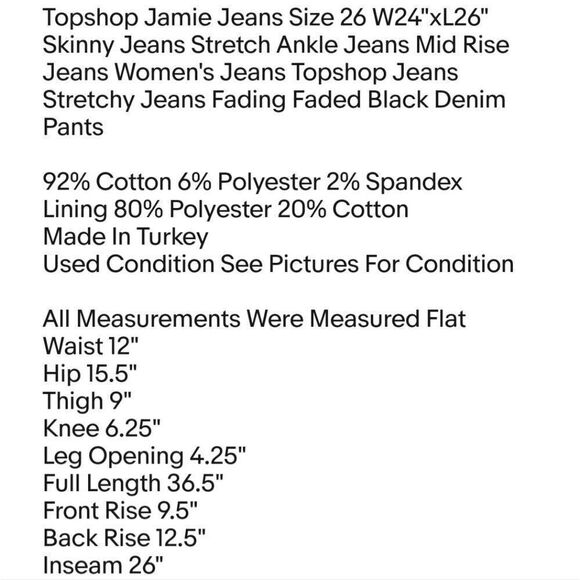 Topshop Jamie Jeans Size 26 W24"xL26" Skinny Jeans Stretch Ankle Jeans Mid Rise - Picture 2 of 6